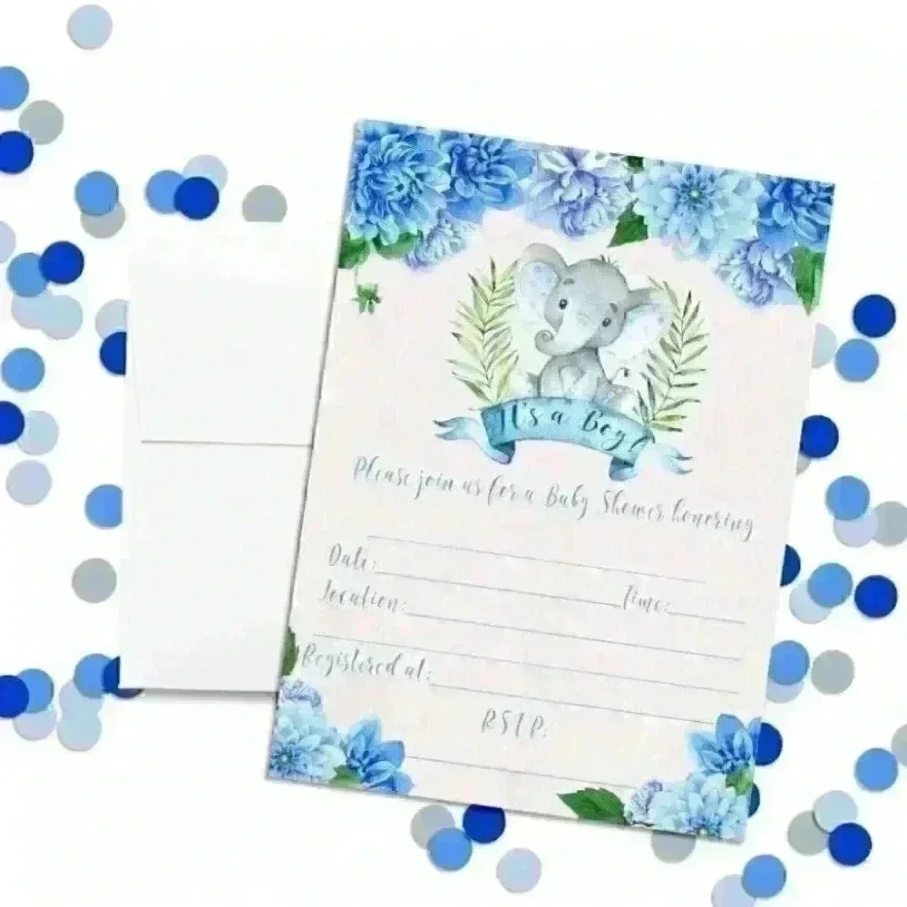 Watercolor Dahlia Floral Elephant-Themed Baby Boy Sprinkle Shower Invita…